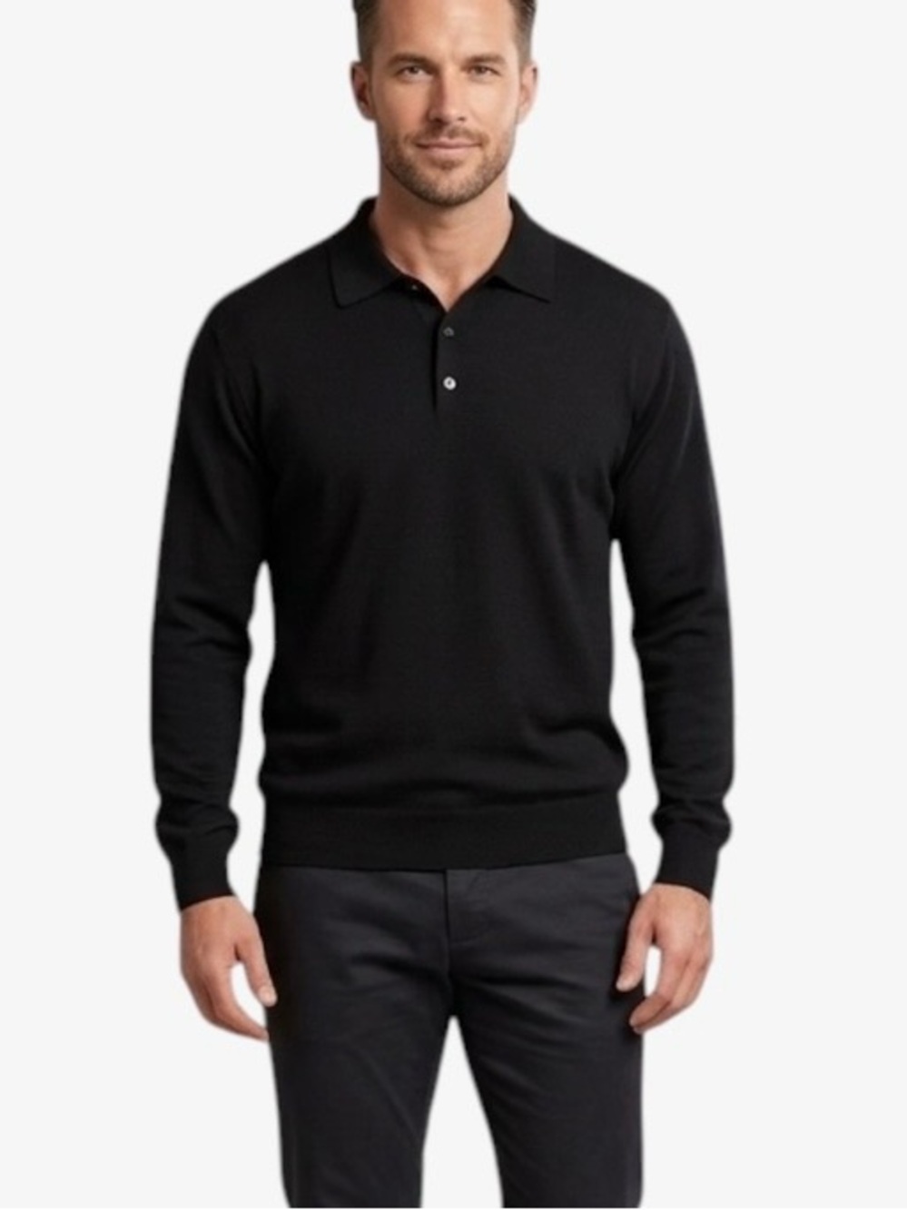 Cortina Italia Men's 100% Merino Wool Long Sleeve Polo Sweater in Black Men’s XL